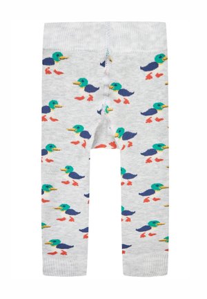 Graue Leggings mit einem wiederholten Muster von bunten Enten mit grünen Köpfen, blauen Körpern und orangen Füßen. Weicher, texturierter Stoff.