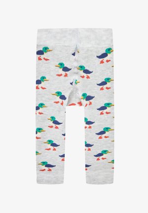 Grijze leggings met een herhaald patroon van kleurrijke eenden met groene koppen, blauwe lichamen en oranje voeten. Zacht, gestructureerd stof.