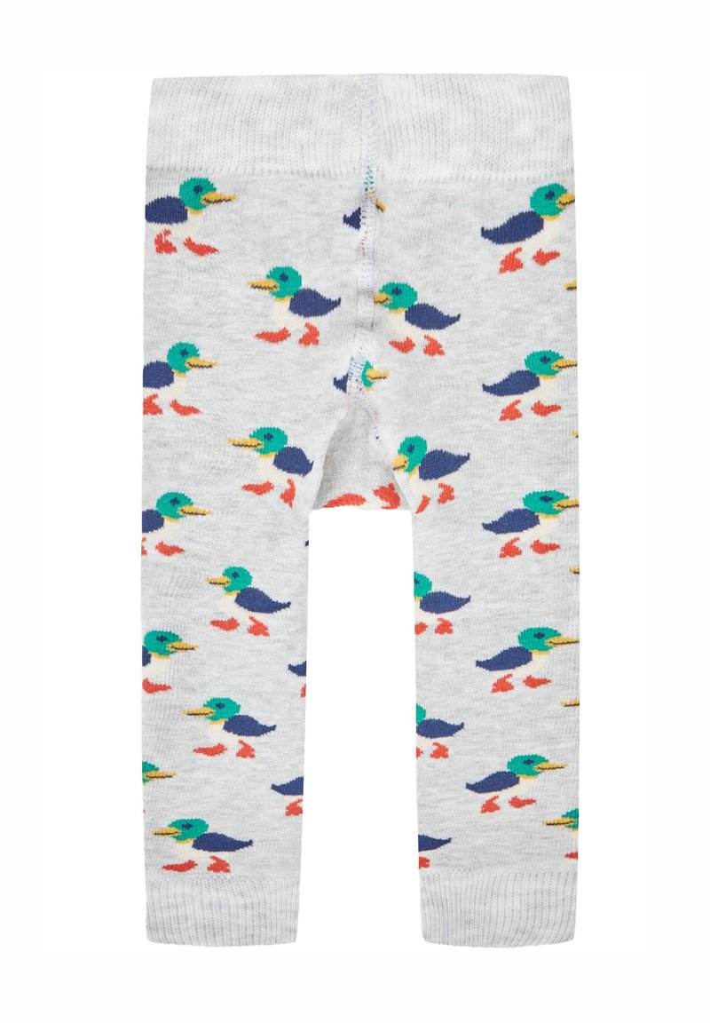 Graue Leggings mit einem wiederholten Muster von bunten Enten mit grünen Köpfen, blauen Körpern und orangen Füßen. Weicher, texturierter Stoff.