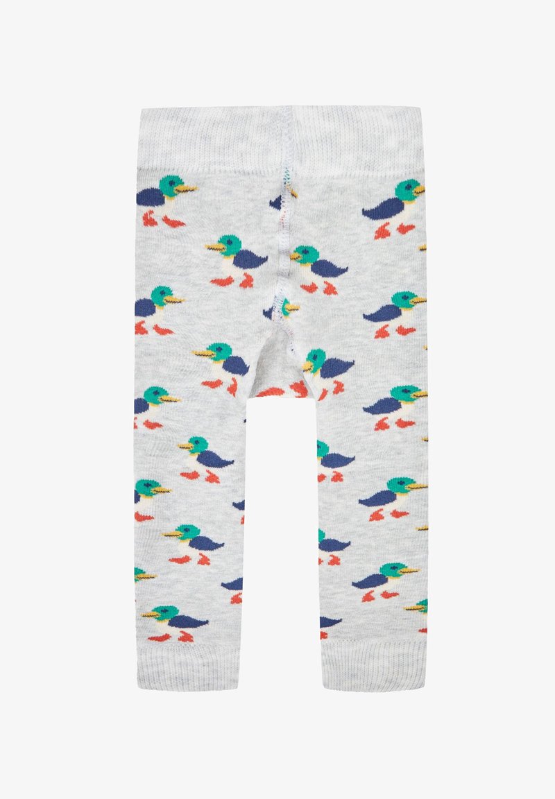 Graue Leggings mit einem wiederholten Muster von bunten Enten mit grünen Köpfen, blauen Körpern und orangen Füßen. Weicher, texturierter Stoff.