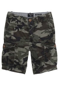 Camouflage cargoshorts in tinten van groen en zwart, gemaakt van katoen. Voorzien van knoopsluiting en zijzakken met klep.