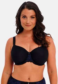 Zwarte padded bh met kantaccenten in het blauw in het midden. Verstelbare banden en een veilige sluiting aan de voorkant. Gladde stof met een gebogen vorm.