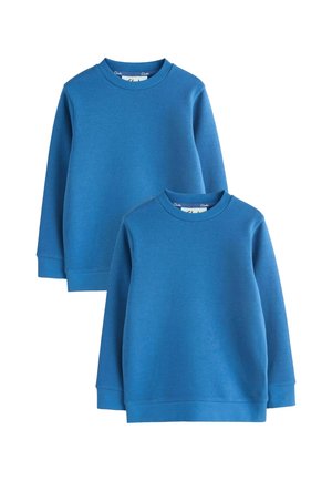 Two plain blue crewneck sweatshirts, one larger and one smaller, layered with long sleeves and ribbed cuffs and hems.