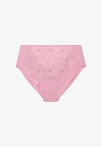 Ropa interior femenina rosa de cintura alta con bordado floral transparente en el panel delantero y paneles laterales sólidos, colocada plana sobre fondo blanco.