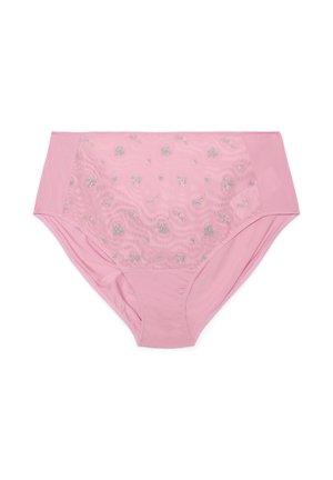 Mutande da donna a vita alta rosa con ricami floreali trasparenti sul pannello frontale e pannelli laterali solidi, disposte su uno sfondo bianco.