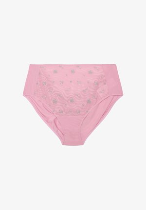 Mutande da donna a vita alta rosa con ricami floreali trasparenti sul pannello frontale e pannelli laterali solidi, disposte su uno sfondo bianco.