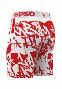 Bóxers para hombre en blanco con un patrón inspirado en graffiti rojo. Presentan una cintura elástica suave con logo. Fabricados con un material transpirable.
