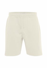 Light beige cotton shorts with an elastic waistband and drawstring, featuring a smooth texture and straight-cut legs.