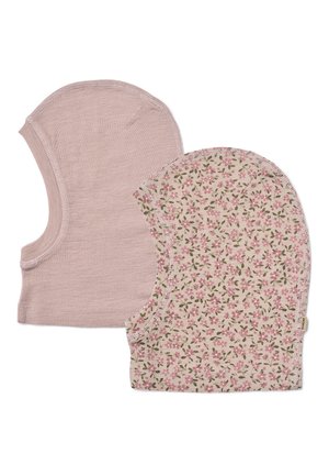 Dos pasamontañas para bebés de tela suave, uno de color rosa claro sólido y otro crema con pequeño estampado floral rosa.
