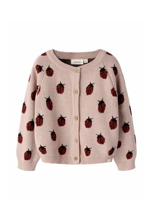 Cardigan rosa lavorato a maglia con motivi di coccinelle rosse e nere, scollo tondo, maniche lunghe e chiusura frontale con bottoni.