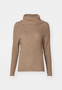 Pull à col roulé en tricot côtelé beige avec des manches longues et une coupe décontractée, présenté sur un fond blanc.