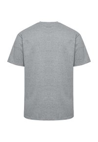 T-shirt gris uni à manches courtes et col rond, vu de dos sur un fond blanc.