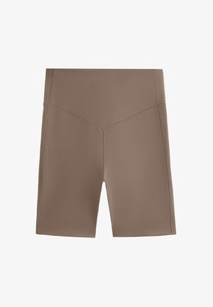 Bruine sportshorts met een getailleerd ontwerp, gladde textuur en elastische tailleband. Beschikken over een eenvoudige snit met een nette zoomlijn.