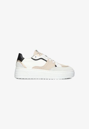 Sneakers with a white and beige leather upper, black heel, textured accents, and a thick white rubber sole. Featuring lace closure and perforations.