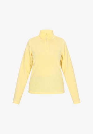 Gelber Reißverschluss-Fleece-Pullover mit langen Ärmeln und hohem Kragen; glatte Textur, leichtes Material und taillierte Passform.