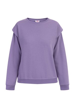 Purple sweatshirt made from soft fabric, featuring a crew neckline, long sleeves, and a relaxed fit with ribbed cuffs and hem.