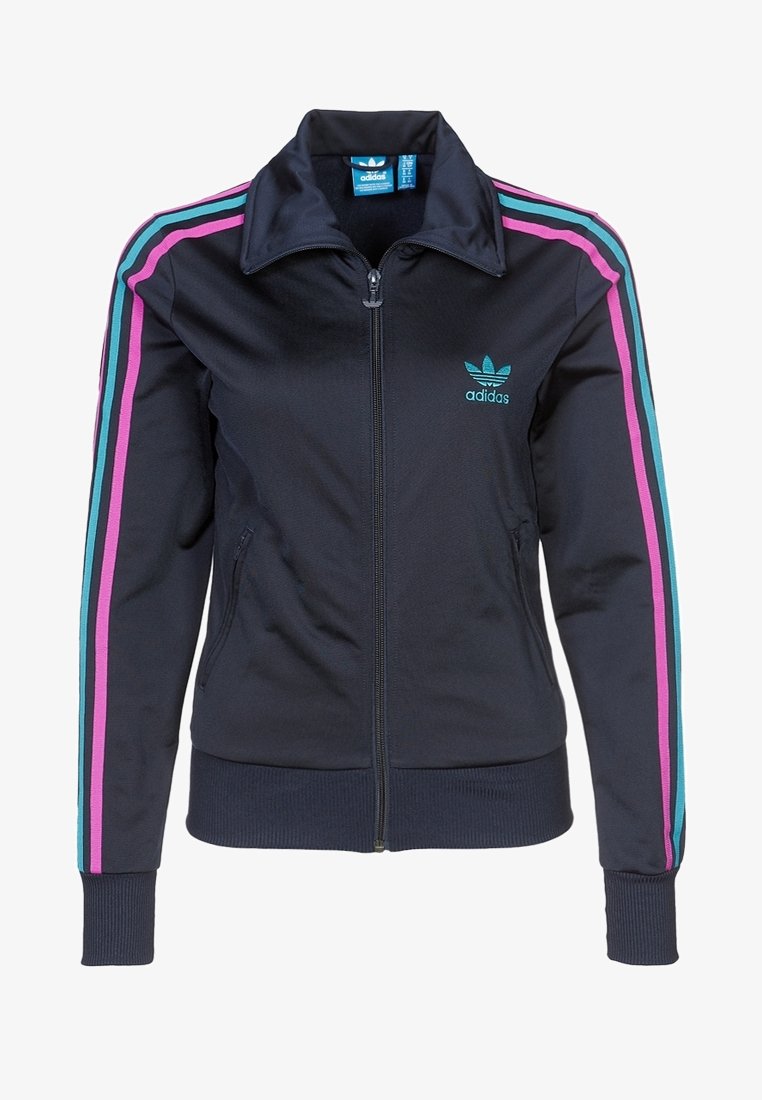 Mörkblå zip-up träningsjacka i polyester, med turkosa och rosa ränder längs varje arm och en broderad adidas-logotyp på bröstet.