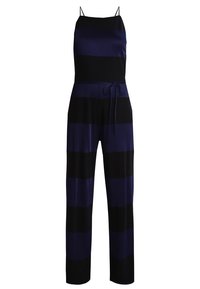 Combinaison rayée bleu marine et noire en tissu doux, avec un haut ajusté à fines bretelles, une taille à cordon de serrage et des jambes larges.