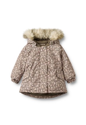 Manteau d'hiver marron à motifs floraux pour enfants avec poignets élastiques, deux poches avant et une capuche bordée de fourrure sur fond blanc.