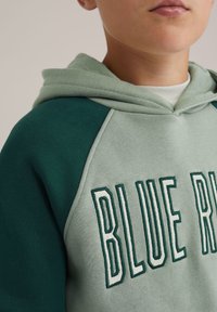 Kapuca majica s zeleno-zelenim kolorističnim spektrumom, ki na sprednji strani prikazuje teksturirano grafiko "BLUE RIV" v temno zeleni vezenini.