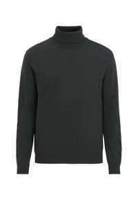 Dunkelgrüner Rollkragenpullover aus weichem Strickmaterial. Verfügt über einen gerippten Kragen und Bündchen, hat lange Ärmel und ist locker geschnitten.