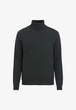 Ciemnozielony sweter z golfem, wykonany z miękkiego dzianiny. Posiada prążkowany kołnierz i mankiety, długie rękawy oraz luźny krój.