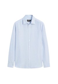 Camicia azzurro chiaro con righe verticali bianche, maniche lunghe, colletto classico e bottoni bianchi. Realizzata in tessuto di cotone.
