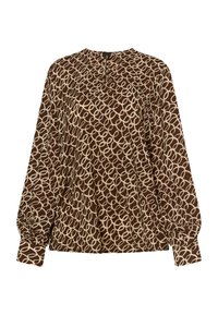Brown blouse featuring a cream loop pattern, long sleeves with gathered cuffs, and a narrow neckline with a button closure at the back.