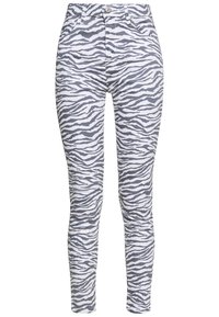 Jeans blancos ajustados con cintura alta y patrón de rayas de cebra negras, con bolsillos delanteros y cierre de botón.