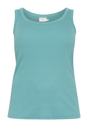 Top in blu chiaro realizzato in un tessuto a coste. Presenta un colletto a giro e spalline larghe. Design semplice e aderente.