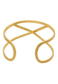 Bracelet en métal doré avec un design ouvert comprenant des lignes courbes et entrecroisées, une surface texturée et des extrémités arrondies.