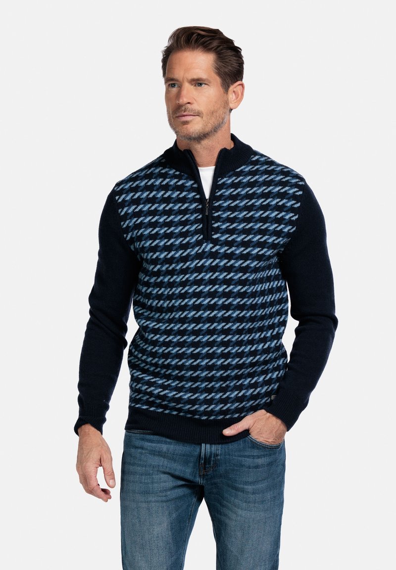 Trui met een halve rits kraag, houndstooth patroon in blauw op een marineblauwe achtergrond, gemaakt van gebreid materiaal met geribbelde manchetten en zoom.