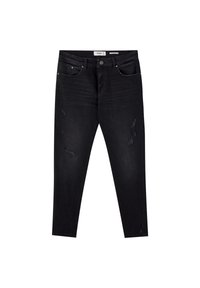 Jean slim noir avec légères zones usées aux cuisses et aux genoux, fermeture à bouton et zip sur le devant, et design à cinq poches.