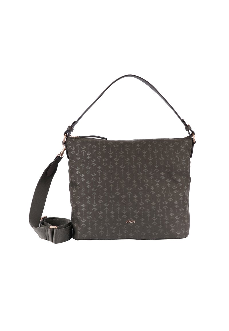 Mörkgrå axelväska med blommönster, justerbar rem, dragkedjestängning och liten metall-logotyp på framsidan.