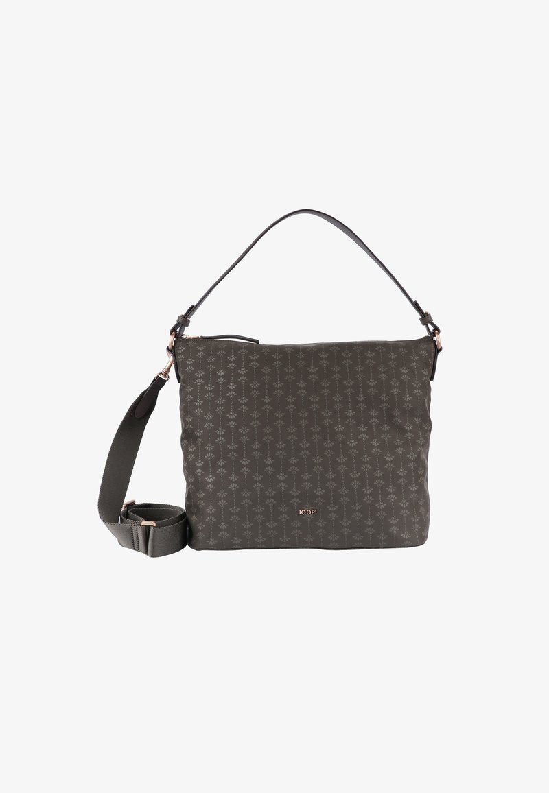 Mörkgrå axelväska med blommönster, justerbar rem, dragkedjestängning och liten metall-logotyp på framsidan.