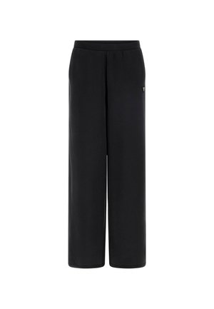 Zwarte wijde broek van zacht materiaal met een elastische tailleband. Kenmerkt zich door een klein logo-accent aan de linkerkant. Gladde textuur en een getailleerde vorm.