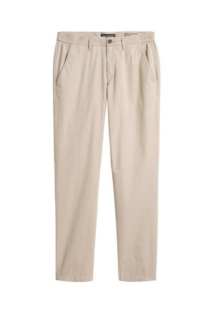 Beige jogger pants made from soft fabric, featuring an elastic waistband, side pockets, and a straight leg design. Machine washable.