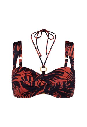 Haut de bikini à imprimé tropical rouge et noir avec bretelles ajustables et nouage au cou, orné d'un accent circulaire doré au centre.