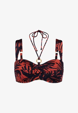 Haut de bikini à imprimé tropical rouge et noir avec bretelles ajustables et nouage au cou, orné d'un accent circulaire doré au centre.