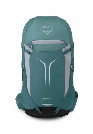 Zaino da escursionismo Osprey Sportlite 30 turchese e grigio con tasca frontale con zip, cinghie laterali e logo sulla parte superiore su sfondo bianco.
