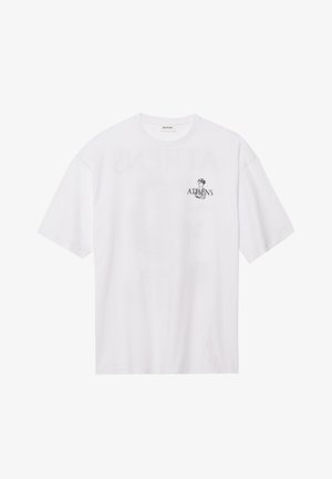 T-shirt en coton blanc à manches courtes, présentant un imprimé graphique avec "ATHENS" et une illustration sur la partie gauche de la poitrine.