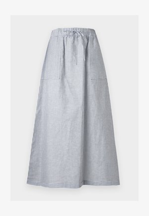 Gonna lunga a linea A con righe verticali blu e bianche, vita elastica con coulisse e due tasche applicate frontali con righe orizzontali.