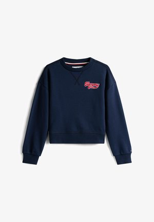Navyblaues Sweatshirt mit gerippten Bündchen und Saum, featuring einem roten gestickten "Tommy"-Logo auf der Vorderseite und einem Rundhalsausschnitt.