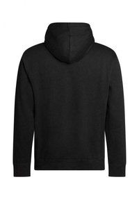 Sudadera negra con capucha y mangas largas, hecha de un material suave. La parte trasera muestra un diseño limpio sin marcas ni patrones visibles.