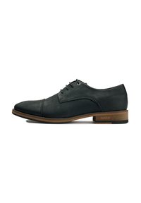 Black leather dress shoe with rounded toe and lace-up design. Features a wood-like heel and subtle branding on the outer sole.