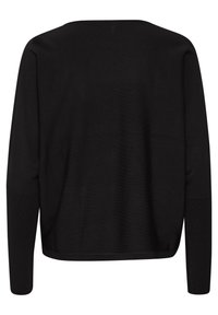 Pull noir, manches longues, encolure ronde. Texture en tricot lisse, coupe légèrement courte, sans motifs ni accents visibles.