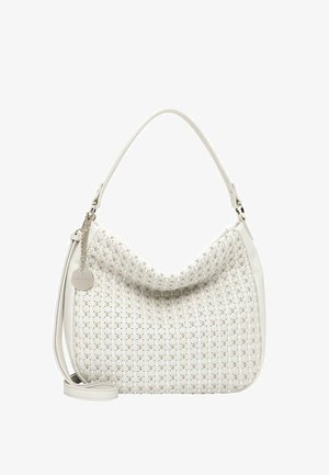 Bolso de mano de cuero blanco con panel frontal tejido, correa de un solo hombro, correa extraíble para usar cruzada y pequeño charm metálico redondo con logotipo.