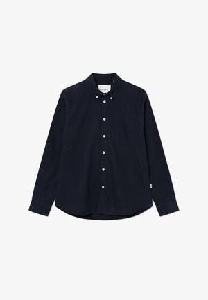 Navy blue long-sleeve shirt with a button-down collar, single chest pocket, and white buttons. Smooth fabric with a classic fit.