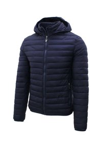 Giubbotto puffo blu navy con cappuccio, realizzato in tessuto trapuntato, con zip frontale e tasche laterali con cerniere. Texture liscia, design leggero.