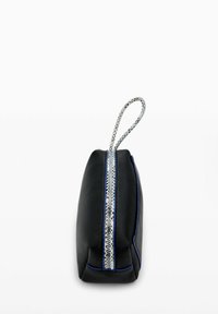 Black leather pouch with a flat, rectangular shape, featuring a silver zipper and a patterned handle. Edges are accented with blue stitching.